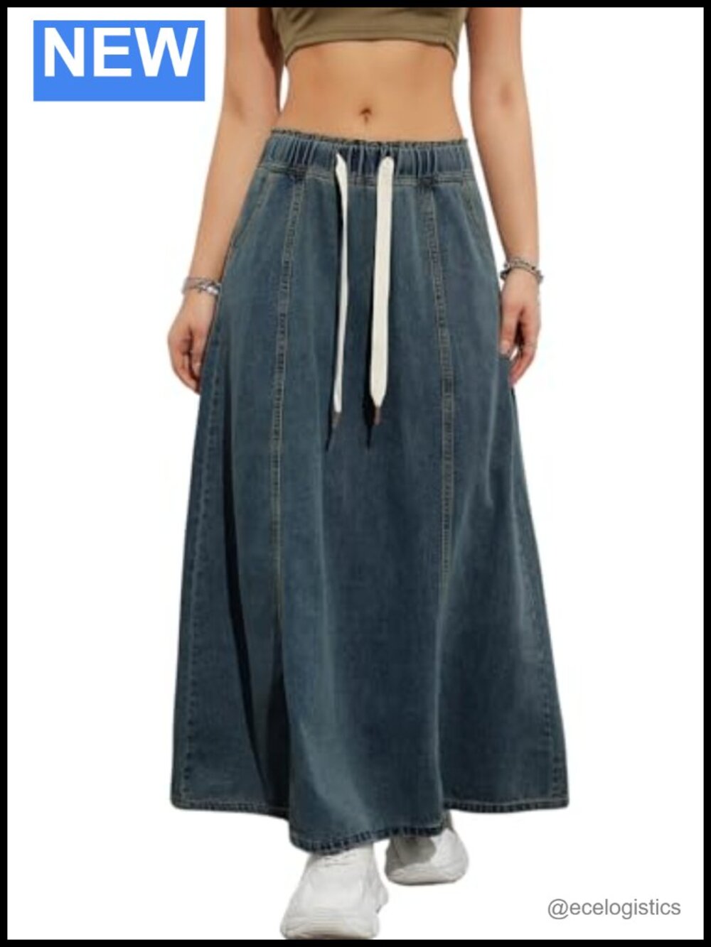 Women High Waist Drawstring Swing A-Line Flared Maxi Denim Skirt